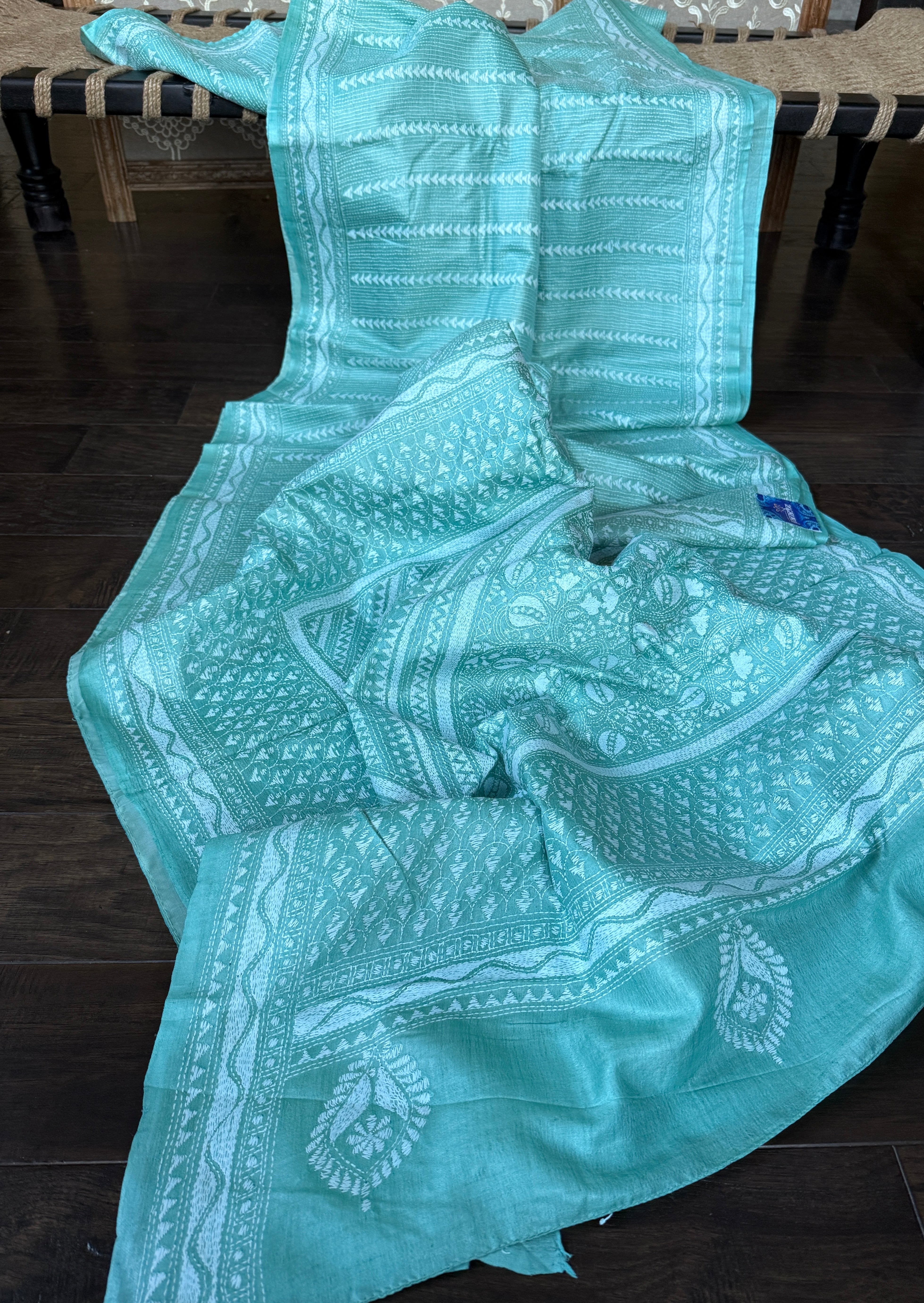 Pure Tussar Silk Kantha Stitch -  Mint