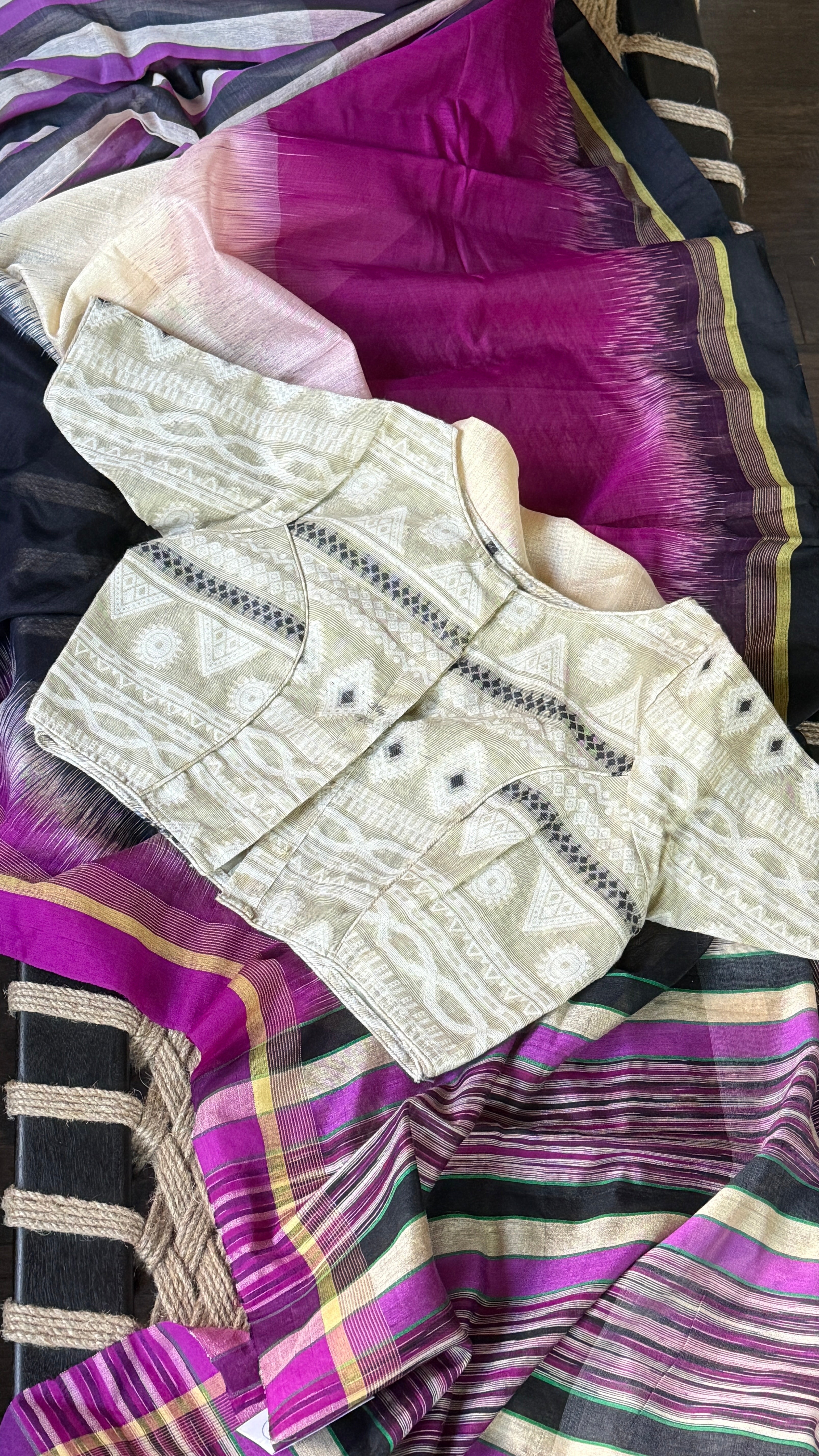 Cotton Silk Ikat - Cream Purple Black