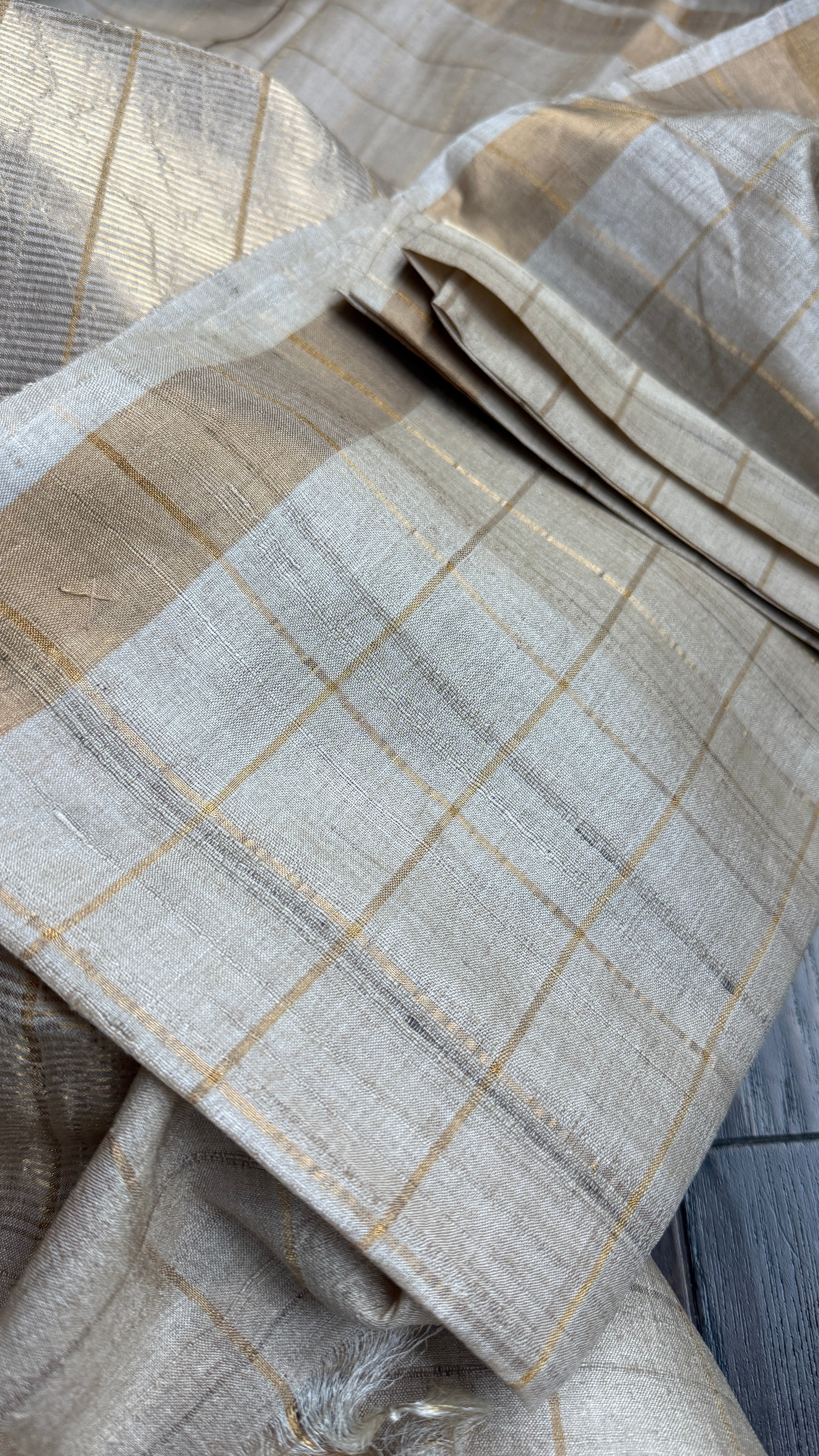 Pure Tussar Silk - Beige Golden Zari Woven5