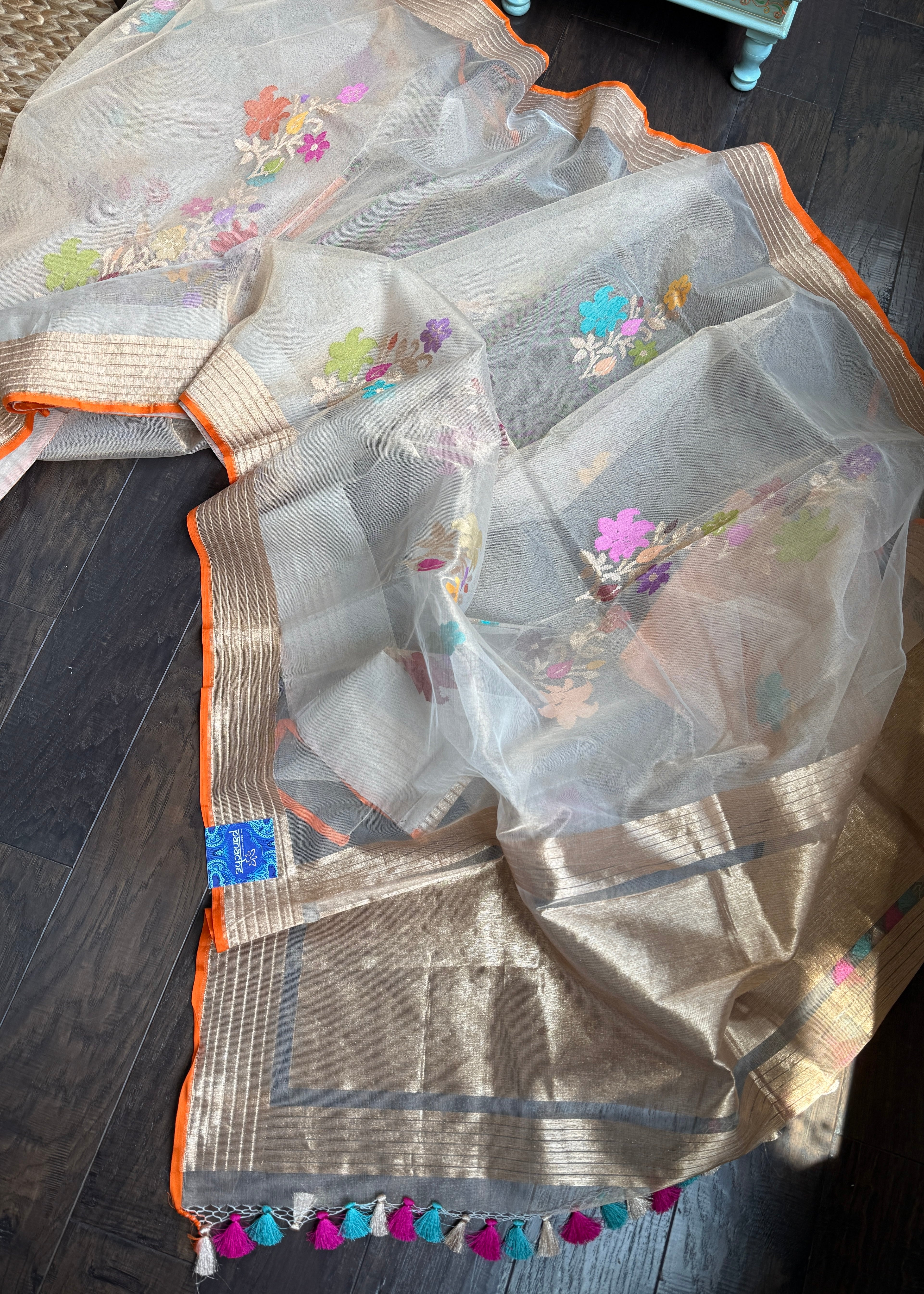 Handwoven Pure Tissue Net Organza Silk Saree with Zari Border & Multicolor Floral Motifs – Lightweight Festive Wear | Ships from USA