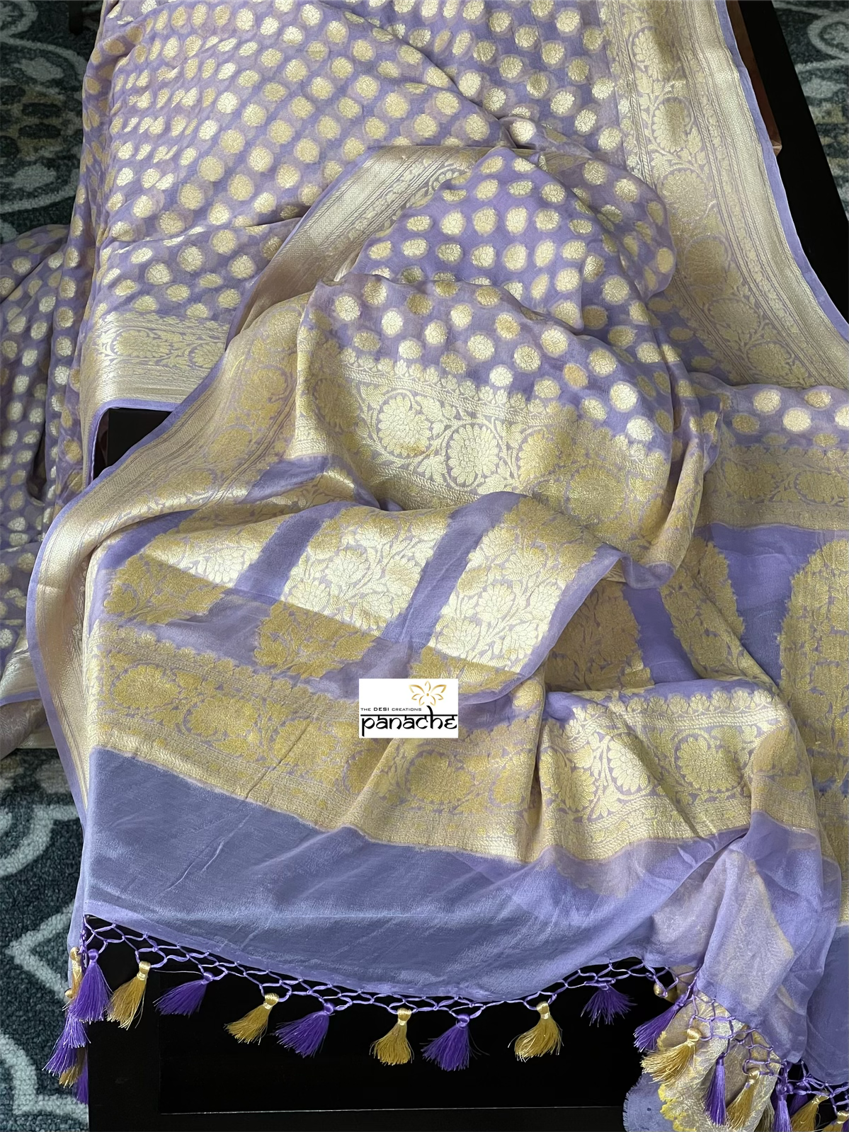 Georgette Silk Banaras - Light Lavender Grey Golden Zari