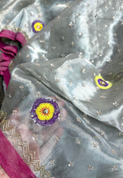 Hand Zardozi Pure Chanderi Tissue Silk - Silver Pink Woven
