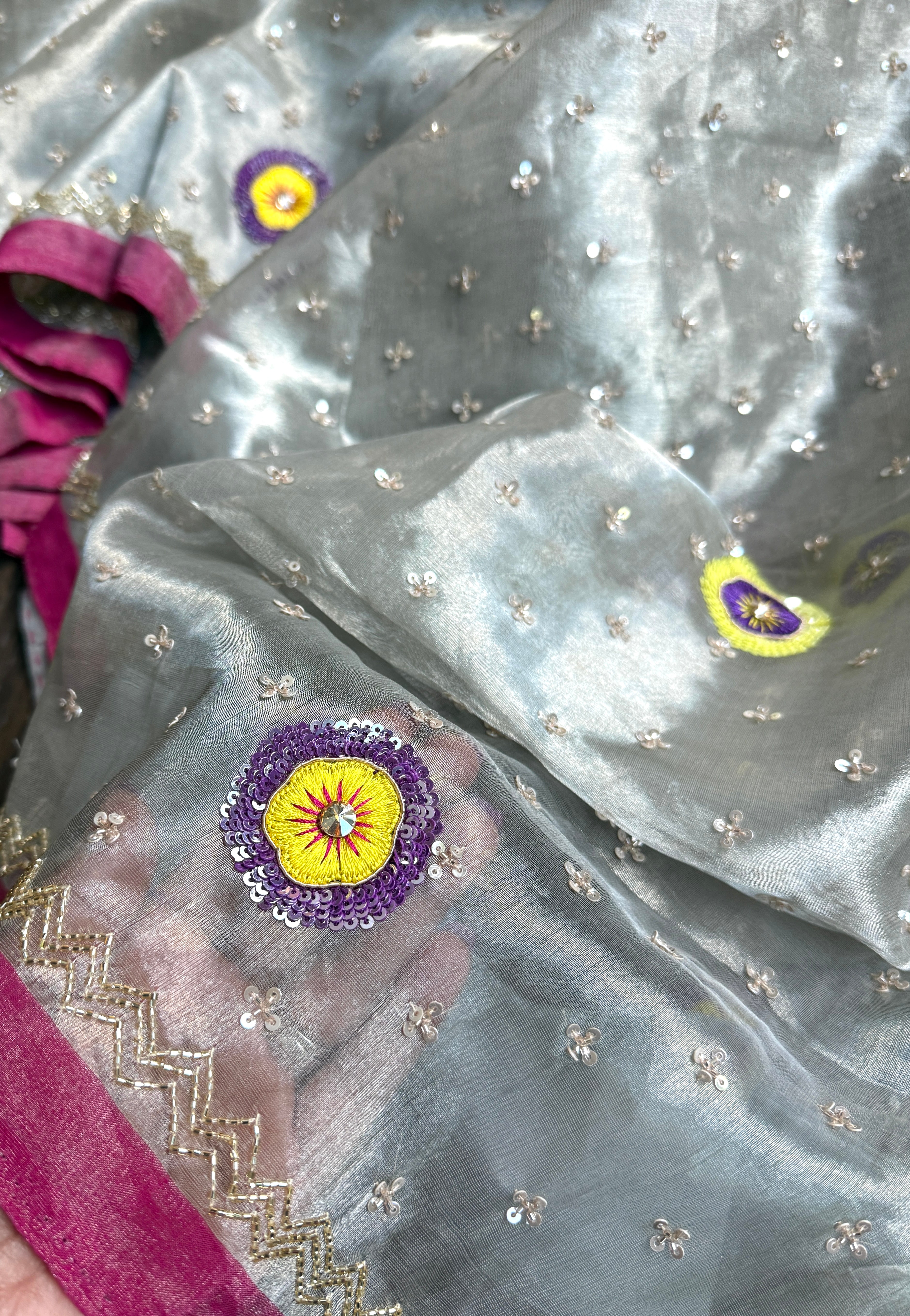 Hand Zardozi Pure Chanderi Tissue Silk - Silver Pink Woven
