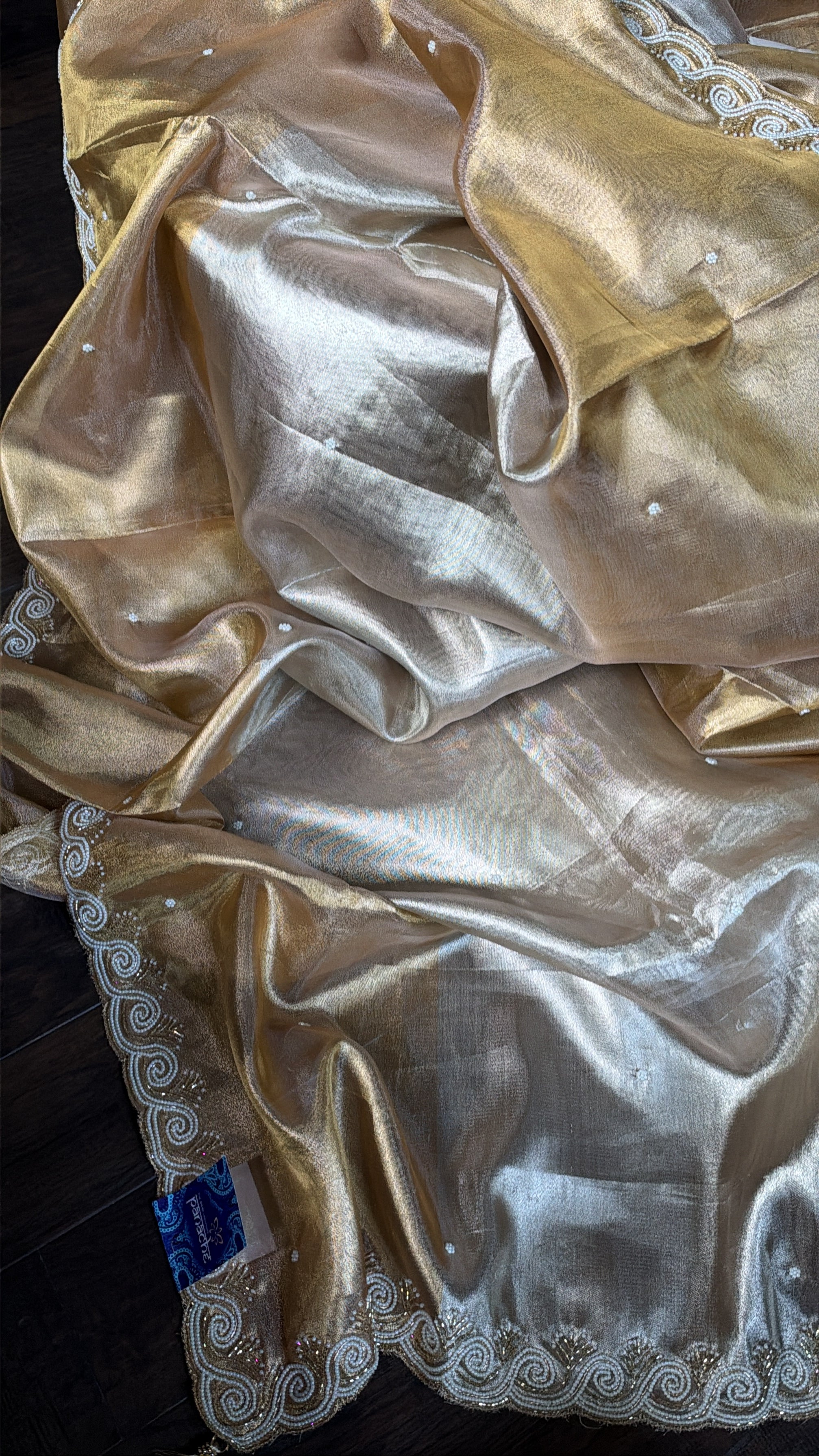 Designer Tissue Silk - Silver Golden Embroidered