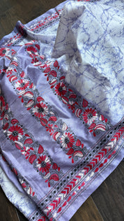 Bangalore Batik Kantha Silk -  White Violet Red Patli Pallu