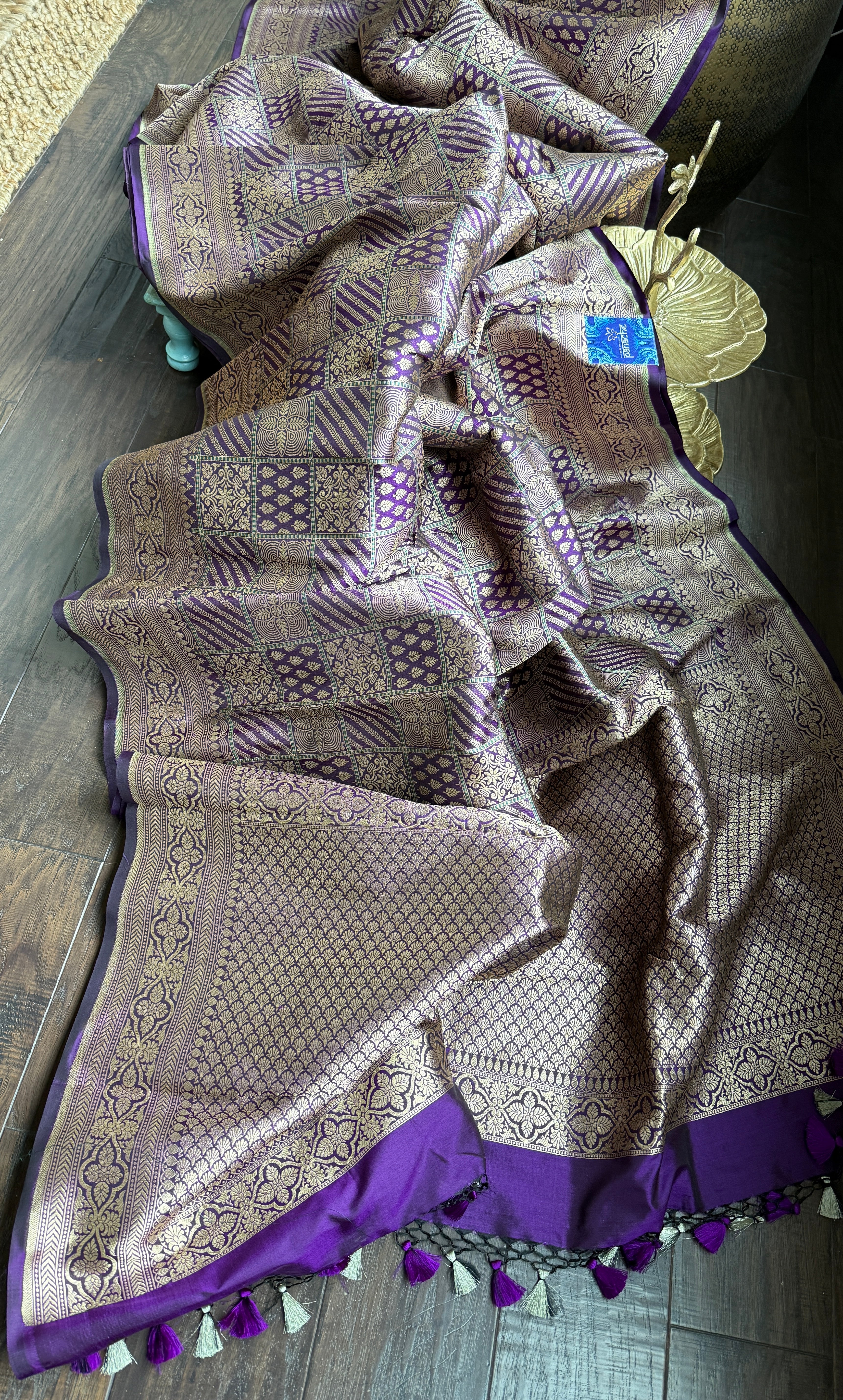 Pure Silk Katan Banarasi- Purple Antique Gold Zari