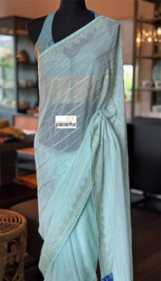 Designer Georgette Organza - Mint Hand Embroidered