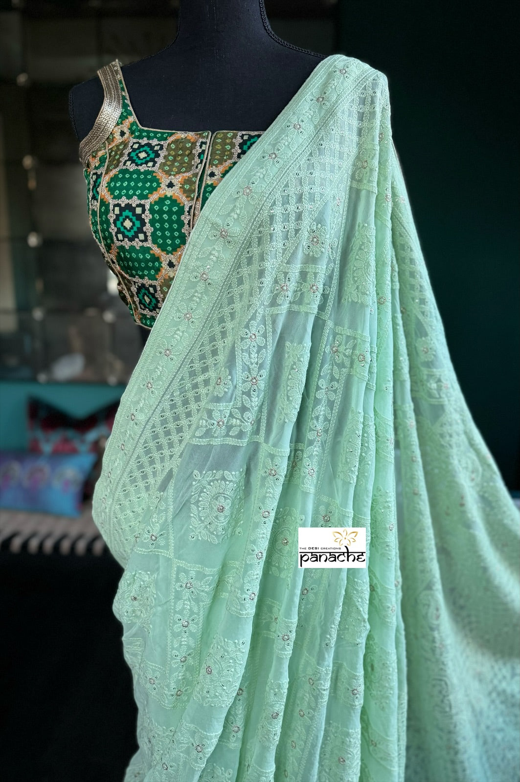 Designer Pure Georgette Chikankari - Light Pista Green