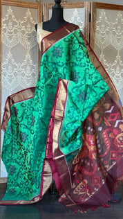 Pure Cotton Silk Ikat - Green Burgundy