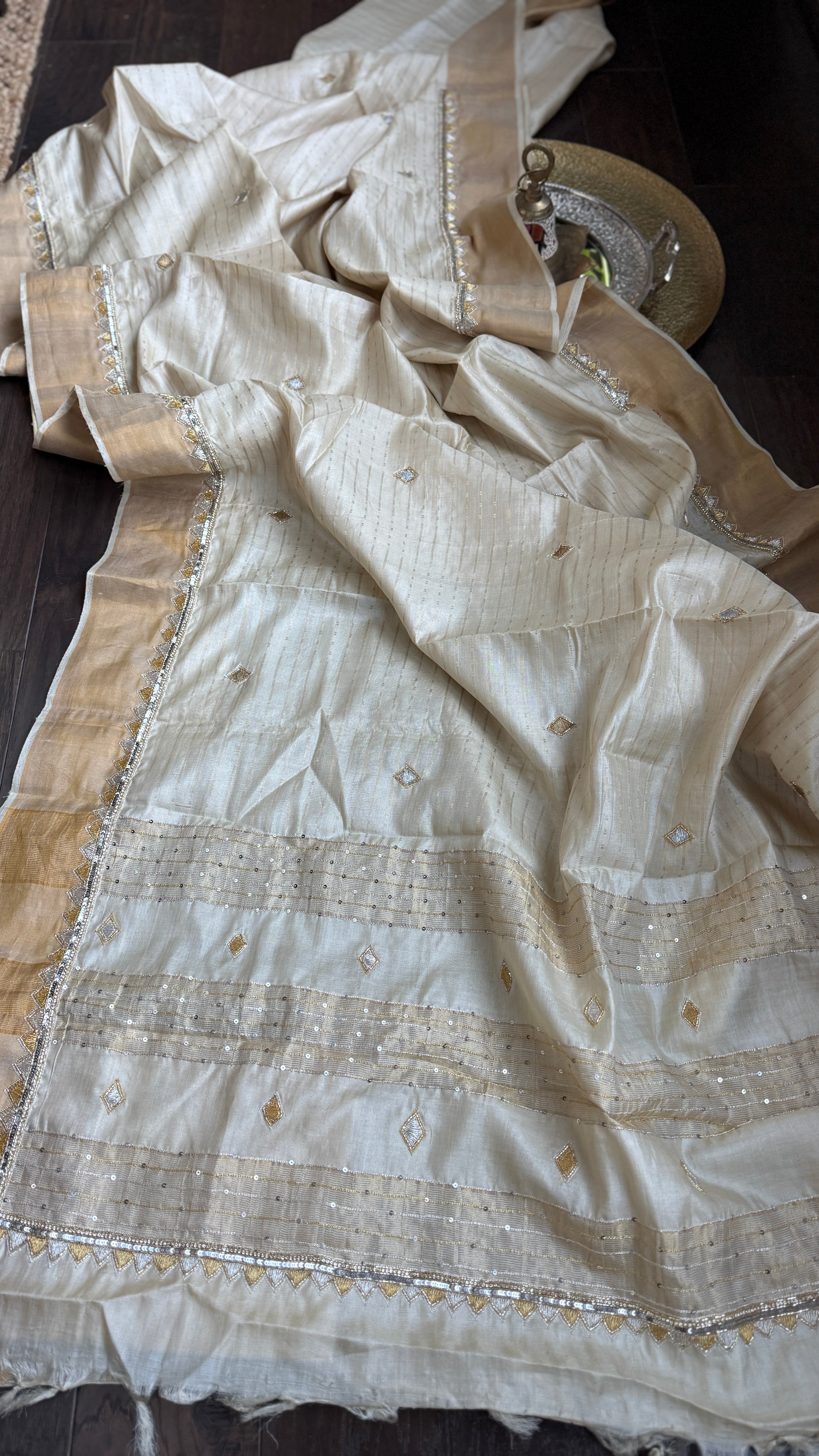 Designer Tussar Silk Zardozi - Beige Golden Purple Green Embroidered