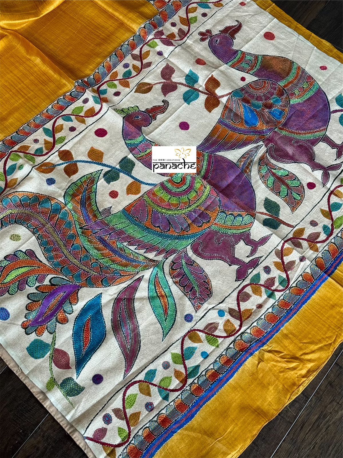 Pure Tussar Silk Sujni Kantha Stitch -  Yellow Peacock