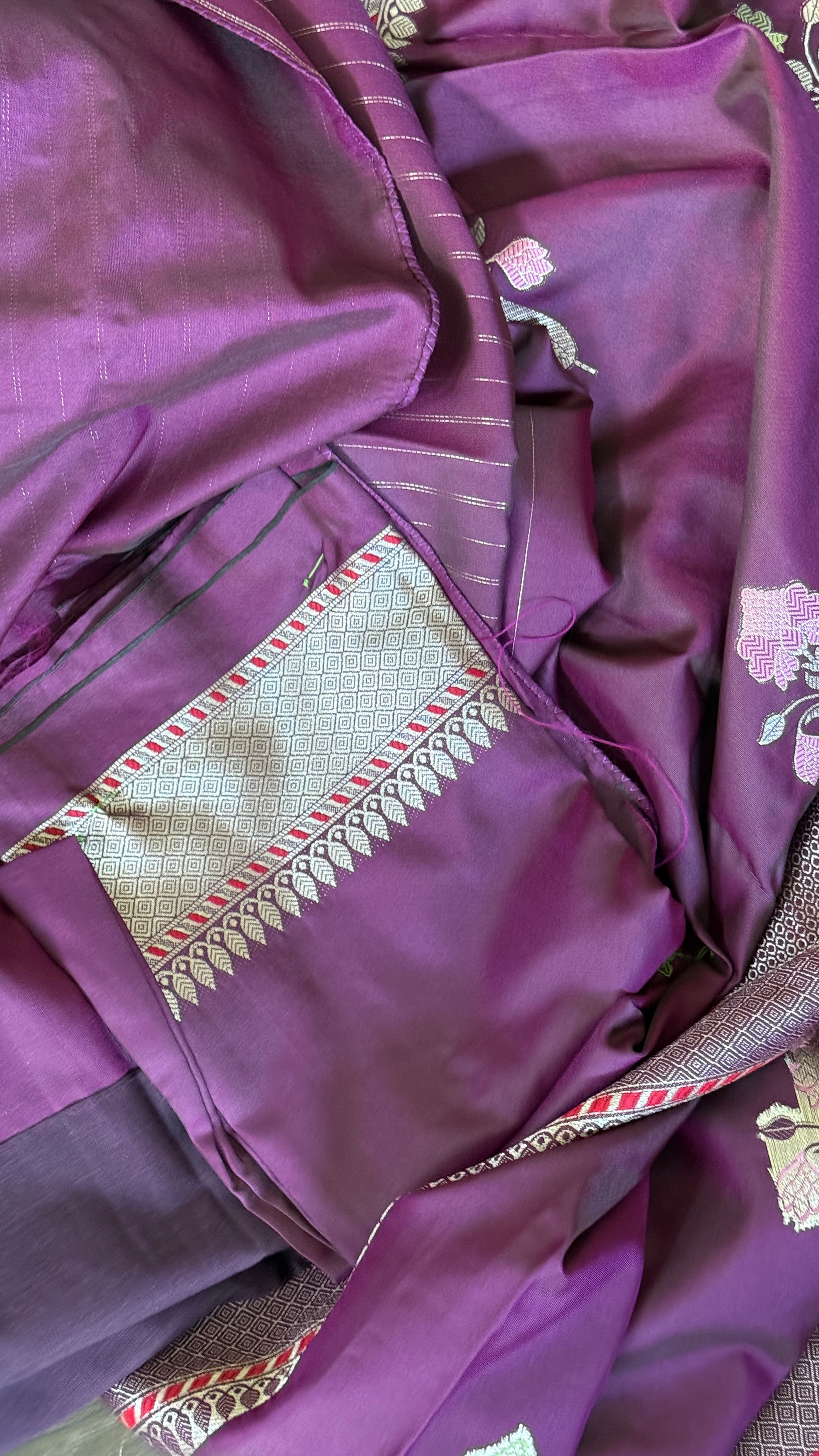 Soft Silk Banaras Saree - Plum Meenakari