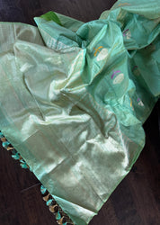 Tussar Tissue Silk Banarasi - Light Green Dual Shaded Antique Zari