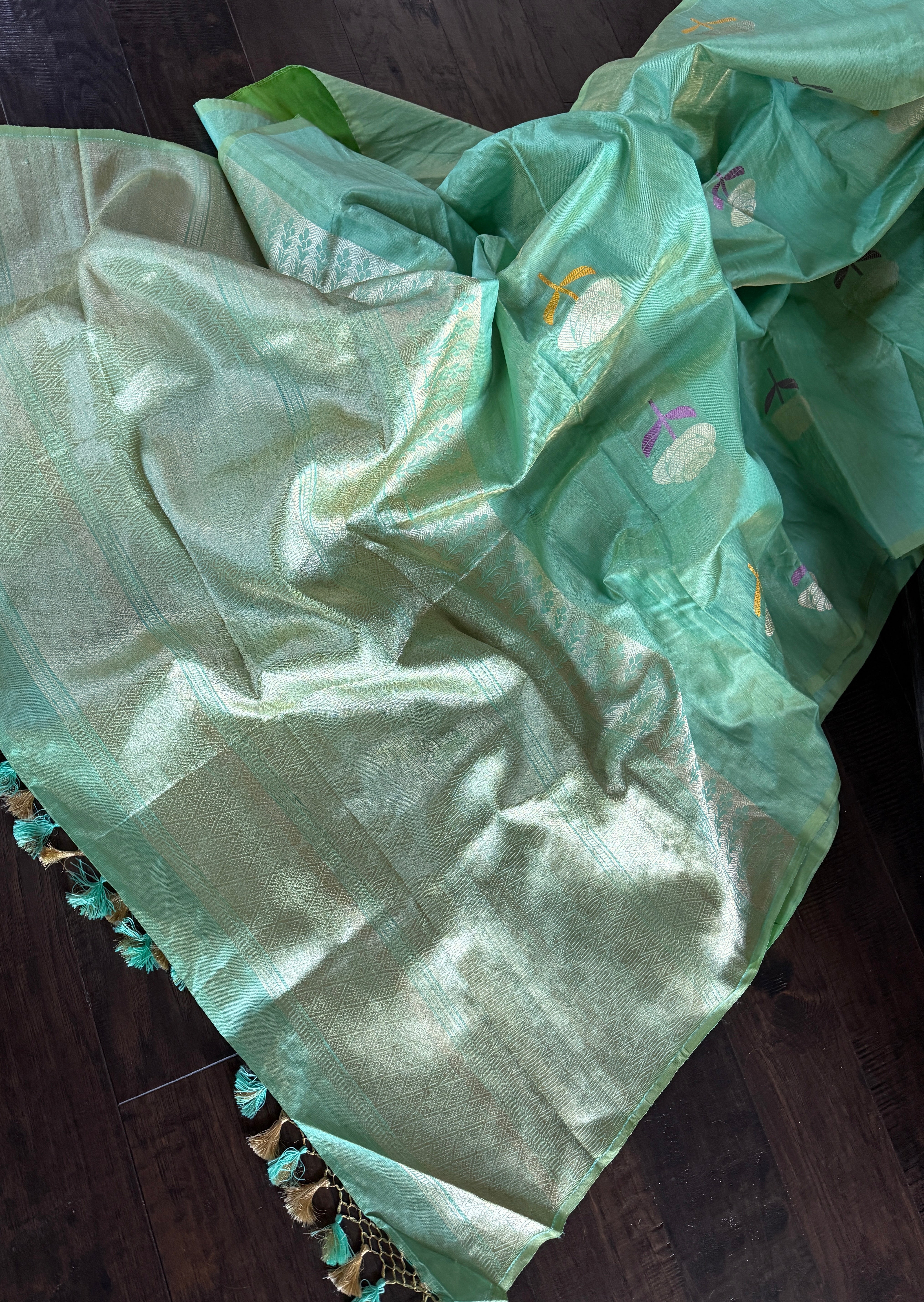 Tussar Tissue Silk Banarasi - Light Green Dual Shaded Antique Zari