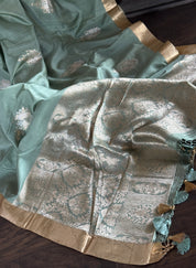 Pure Katan Silk Borderless Banarasi - Dark Green Red Kadhua