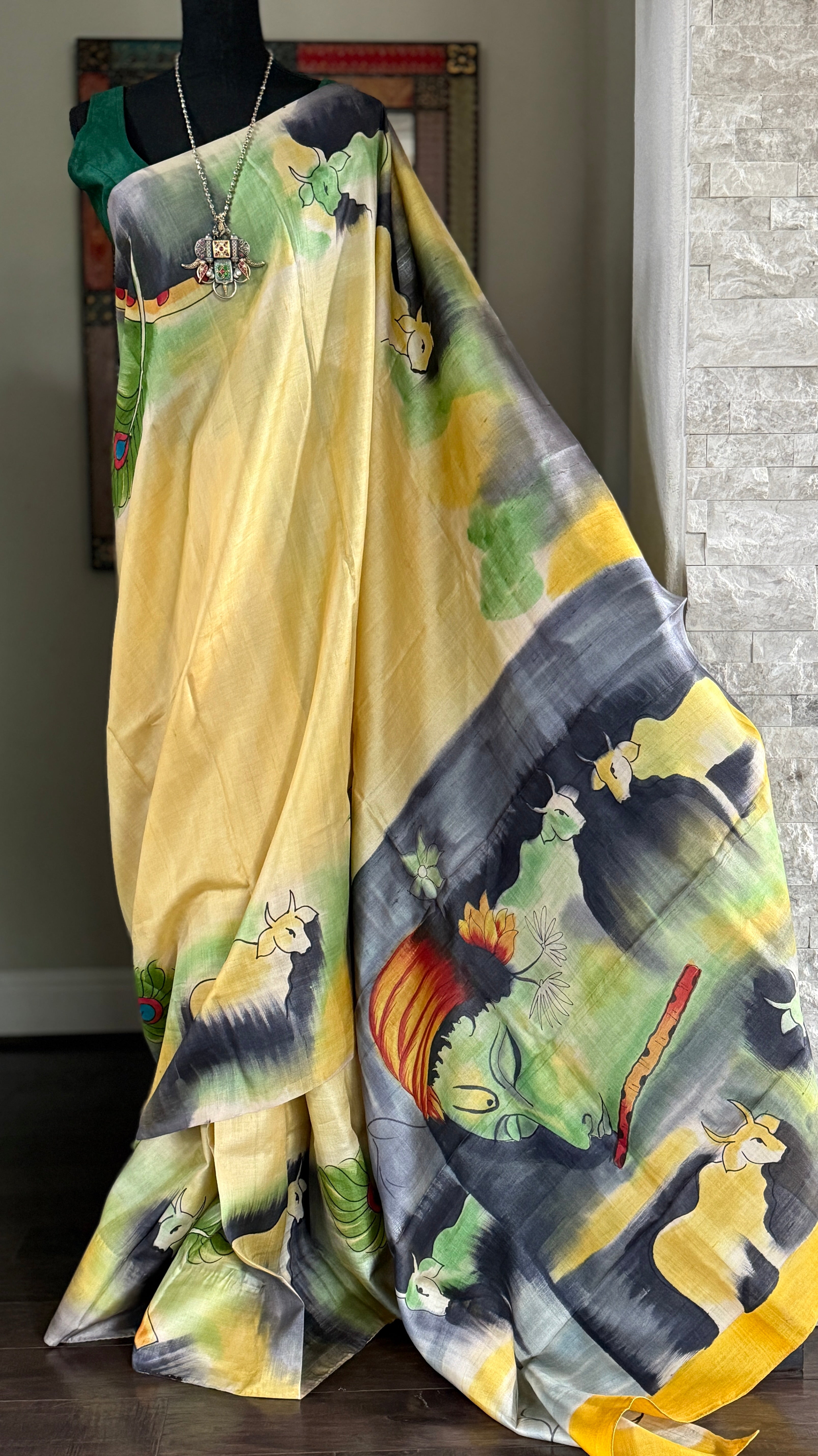 Pure Tussar Silk - Light Lemon Yellow Hand Painted