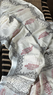 Linen Printed - Off-White Silver Zari