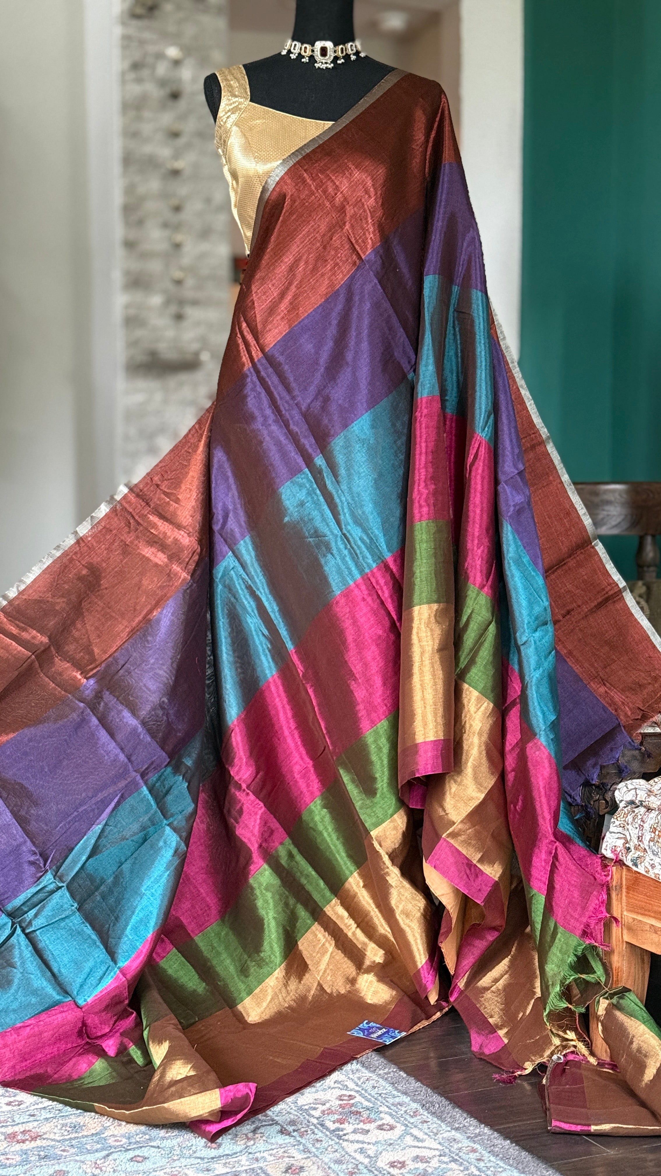 Chanderi Tissue Silk - Multi Color woven Rangkat