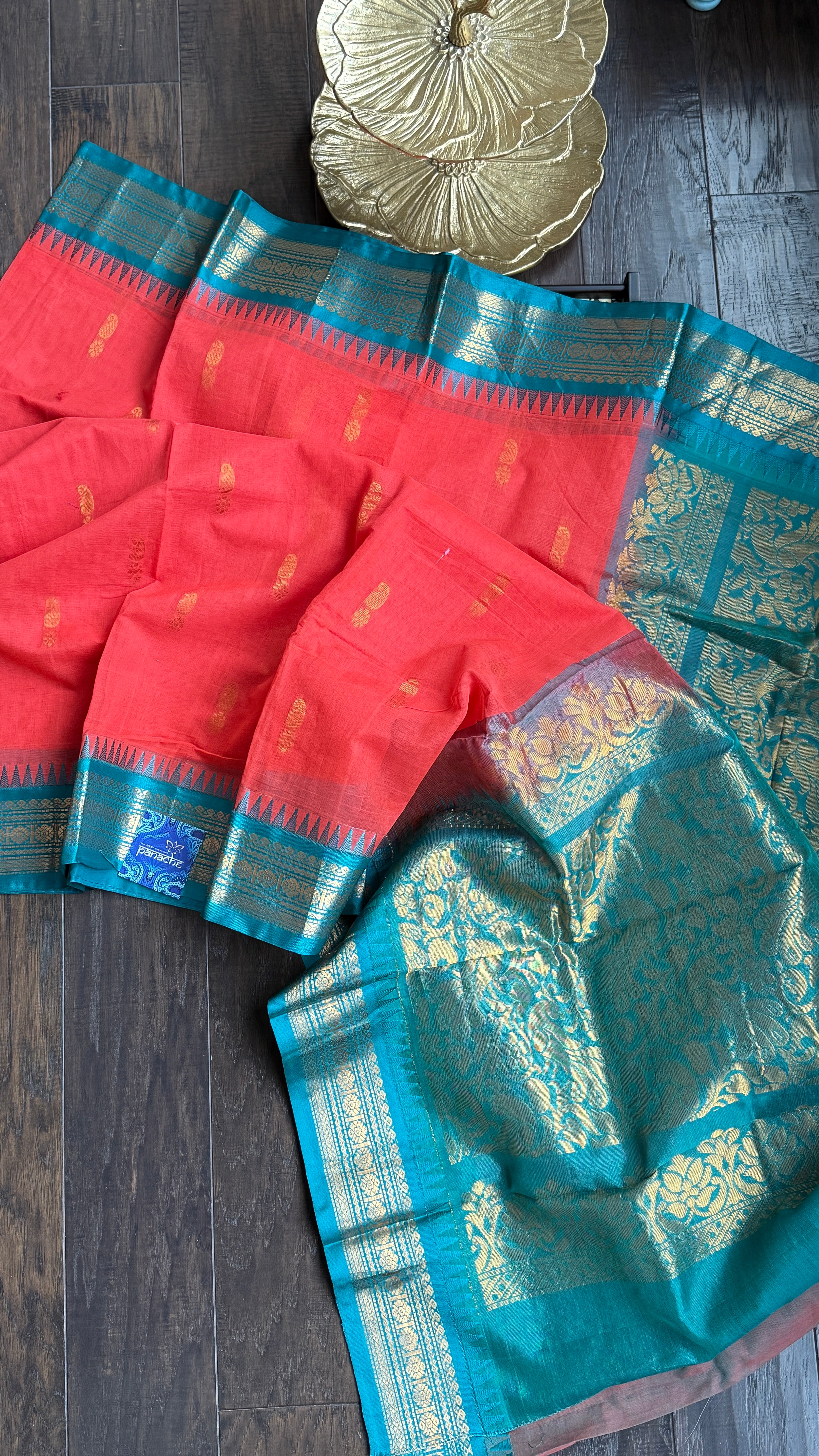 Cotton Gadwal - Coral Pink Orange Firozi