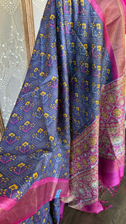 Pure Tussar Silk Digital Printed -  Blue Magenta Patola