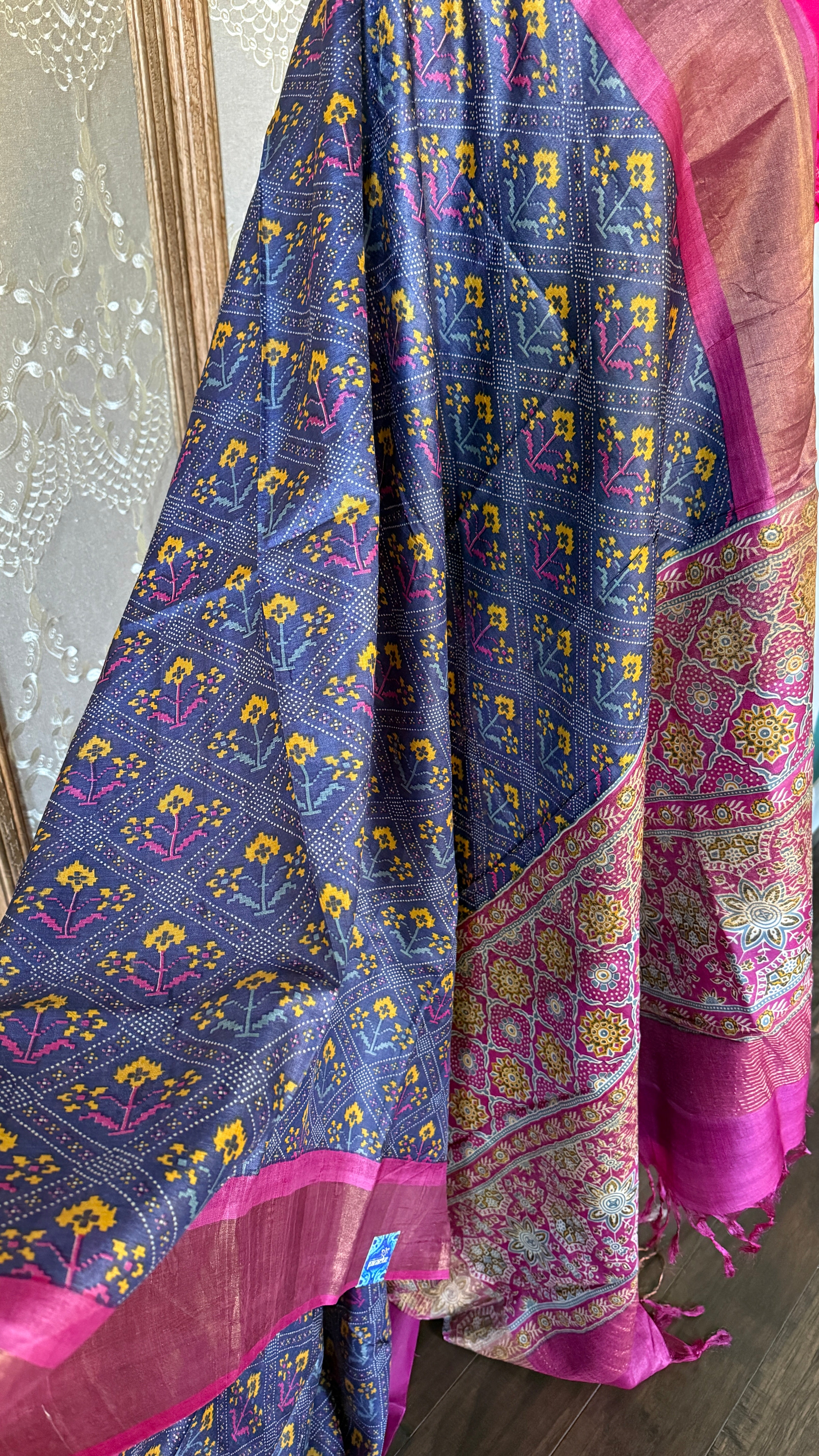 Pure Tussar Silk Digital Printed -  Blue Magenta Patola