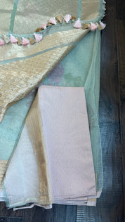 Handwoven Pure Tissue Net Organza Silk Saree with Zari Border & Multicolor Floral Motifs – Lightweight Festive Wear | Ships from USA
