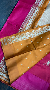 Pure Silk Mashru Banarasi- Rani Pink Ochre Orange