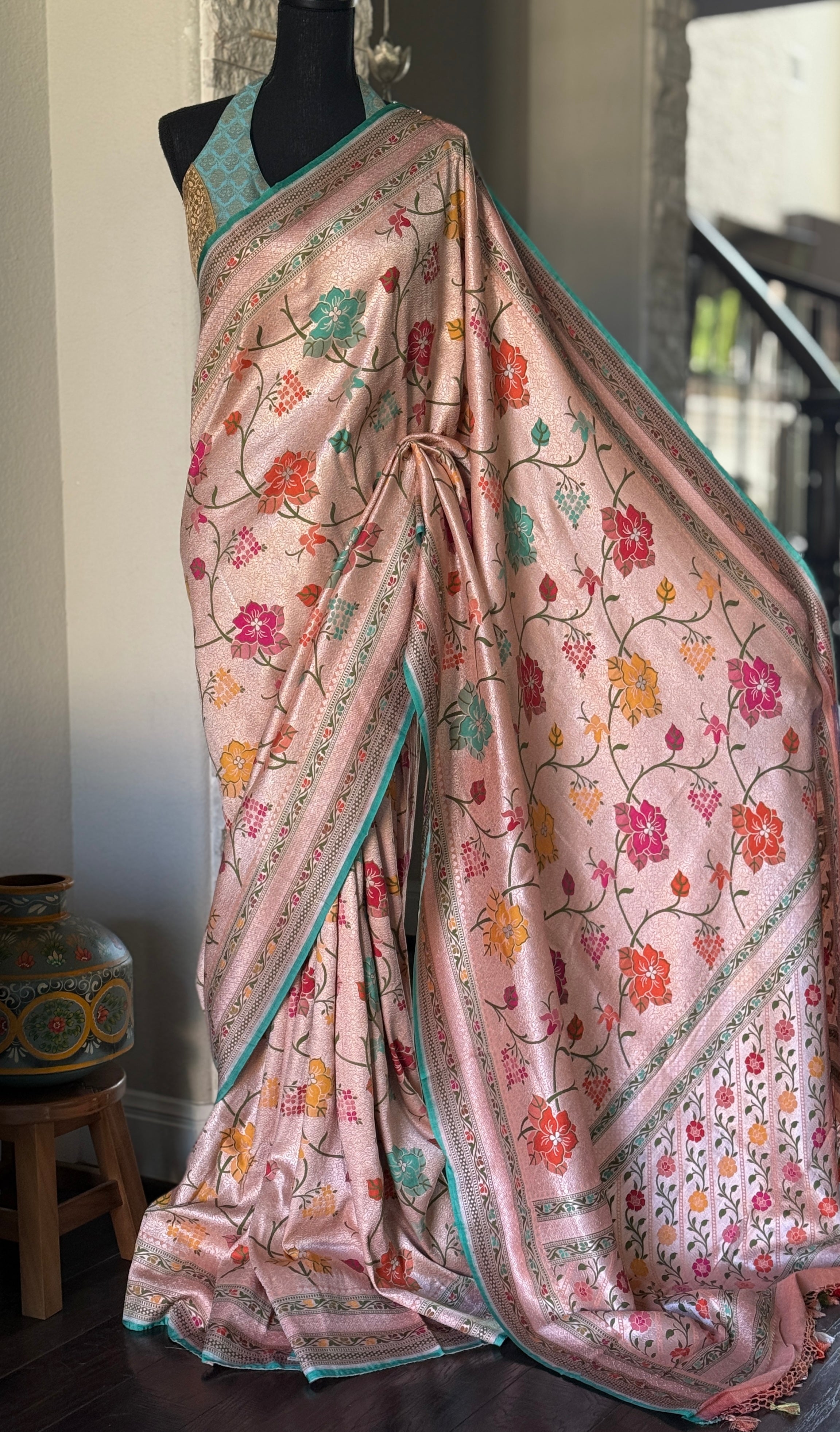 Khaddi Tussar Banarasi -  Peach Sea Meenakari