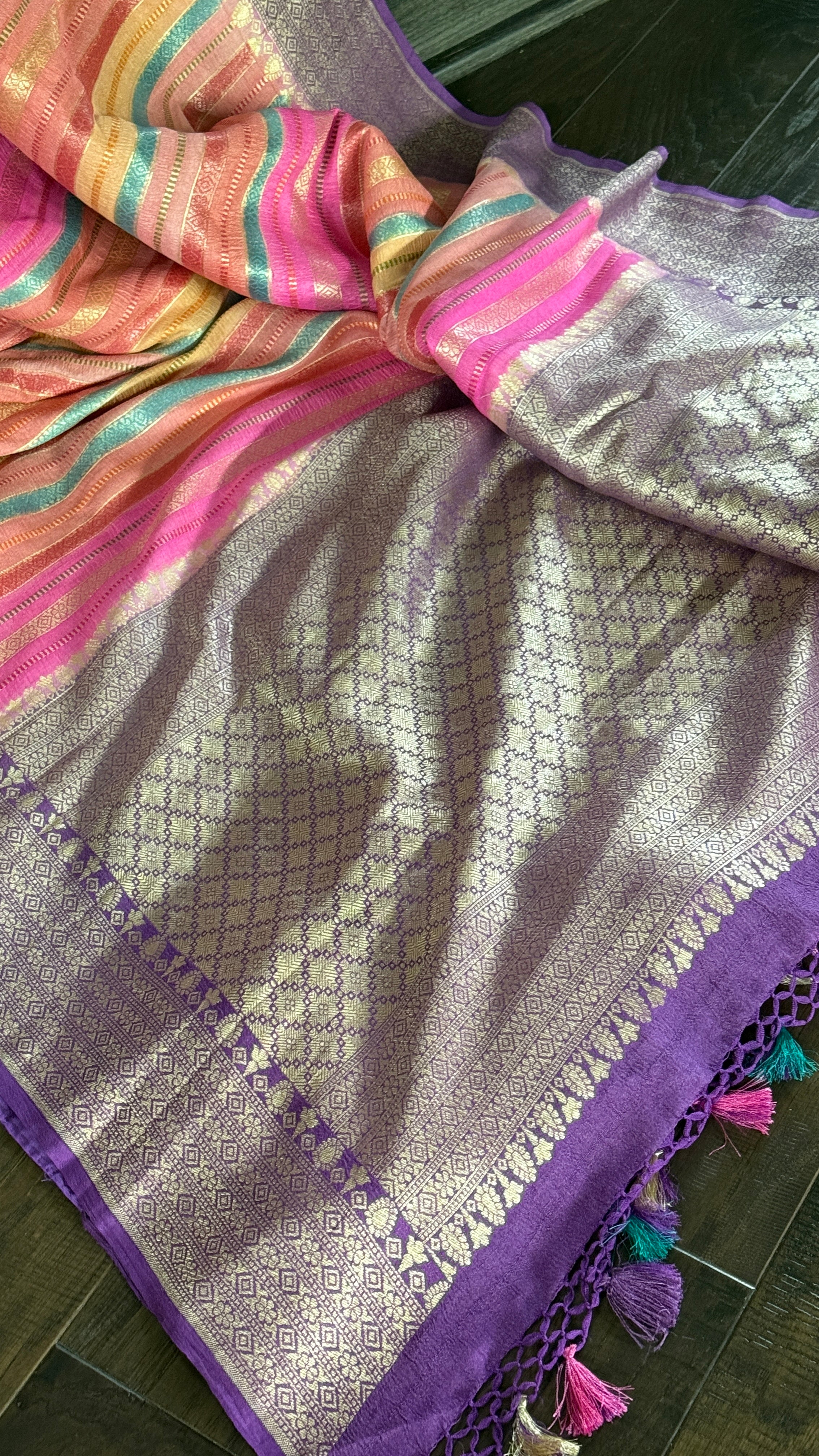Khaddi Tussar Banarasi -  Pink Multi color Purple