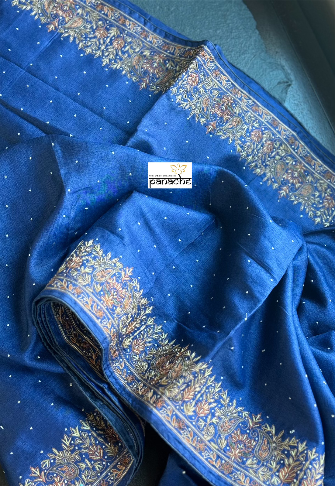 Designer Tussar Silk - Blue Sozni Hand Embroidered