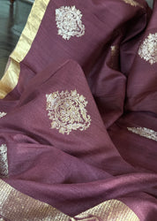 Tussar Silk Banarasi - Plum Brown Khadhua Antique Zari