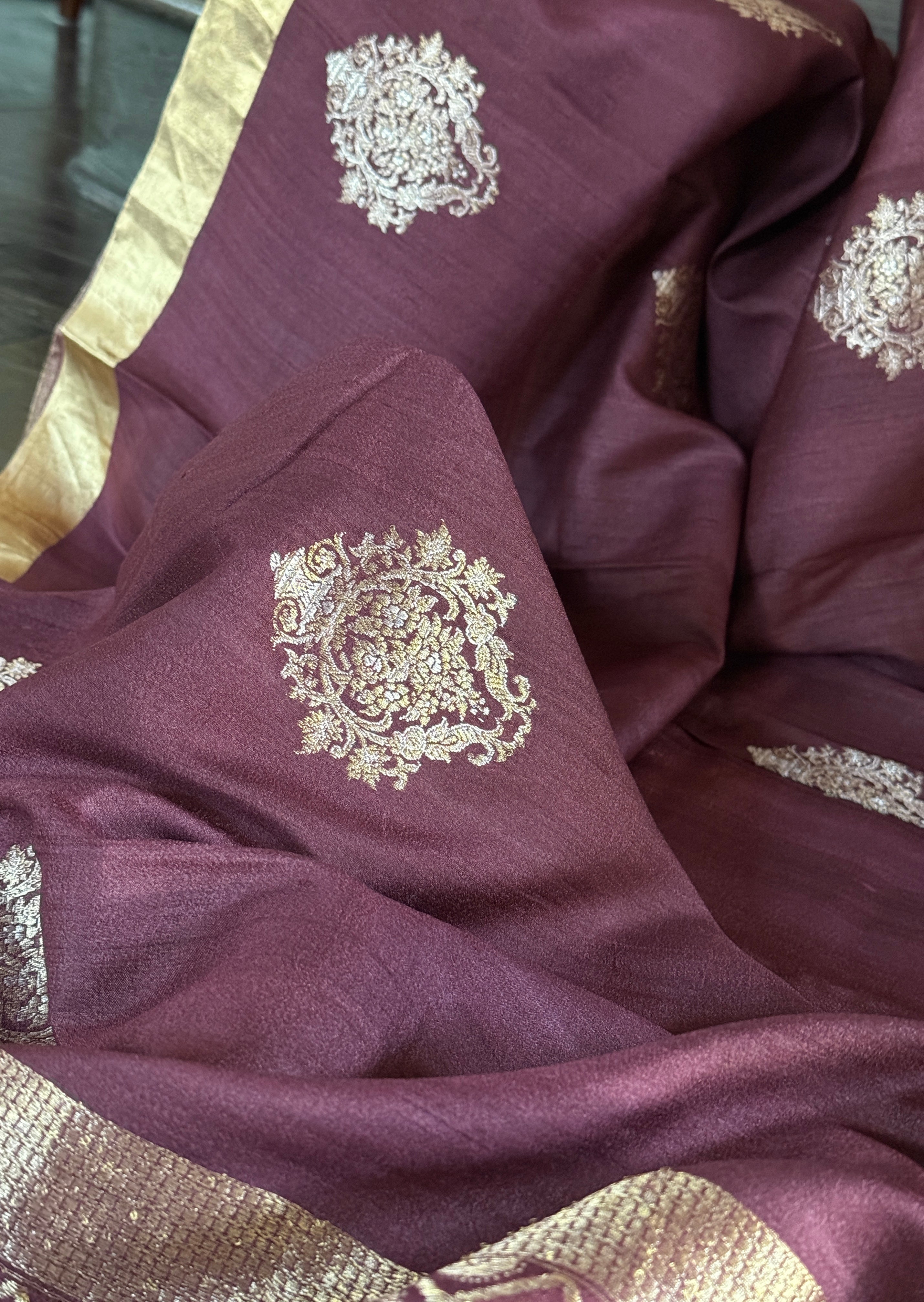 Tussar Silk Banarasi - Plum Brown Khadhua Antique Zari