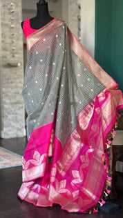 Kora Linen Silk Banarsi - Black White Checks Pink