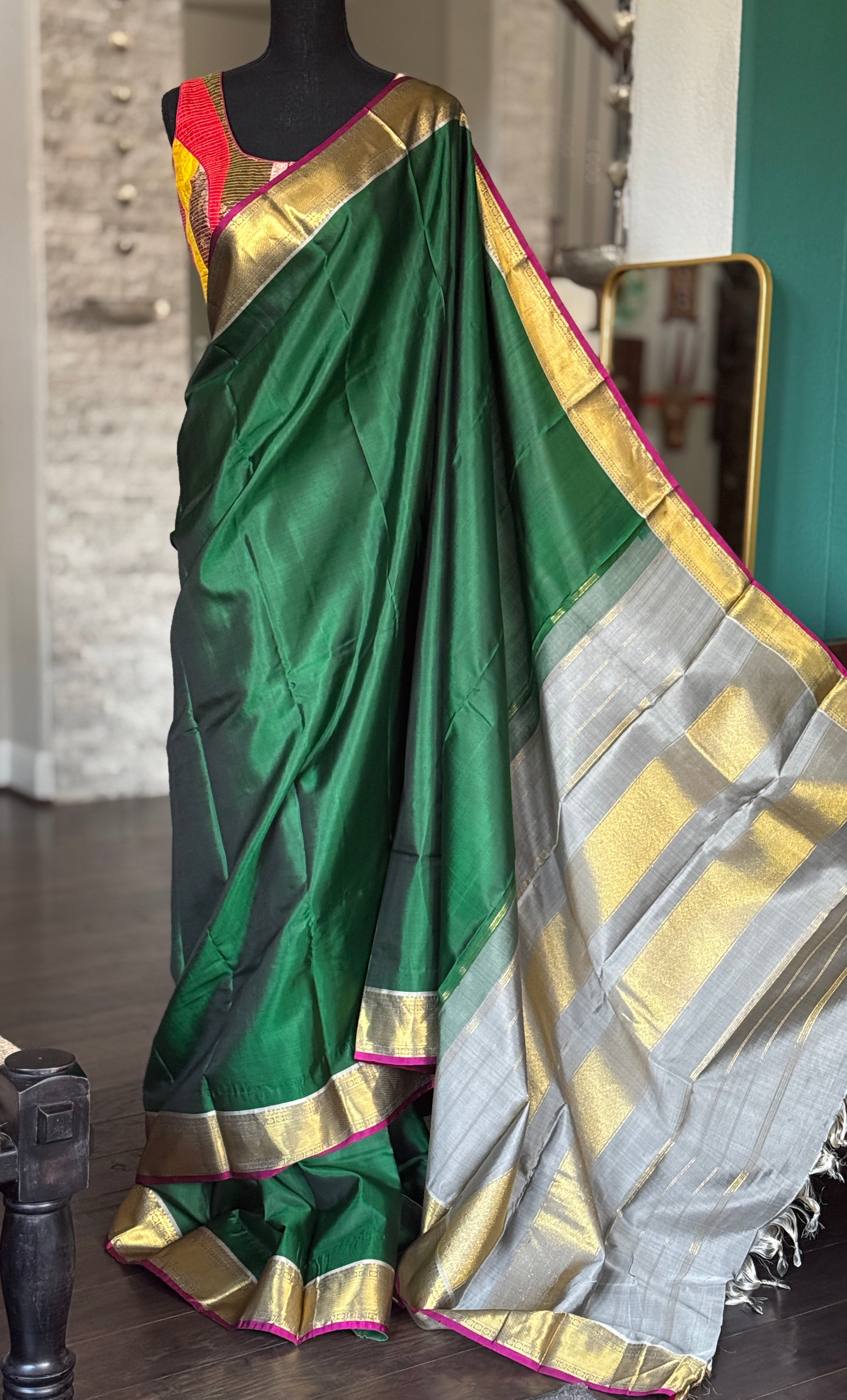Pure Silk Kanjivaram - Dark Green Grey