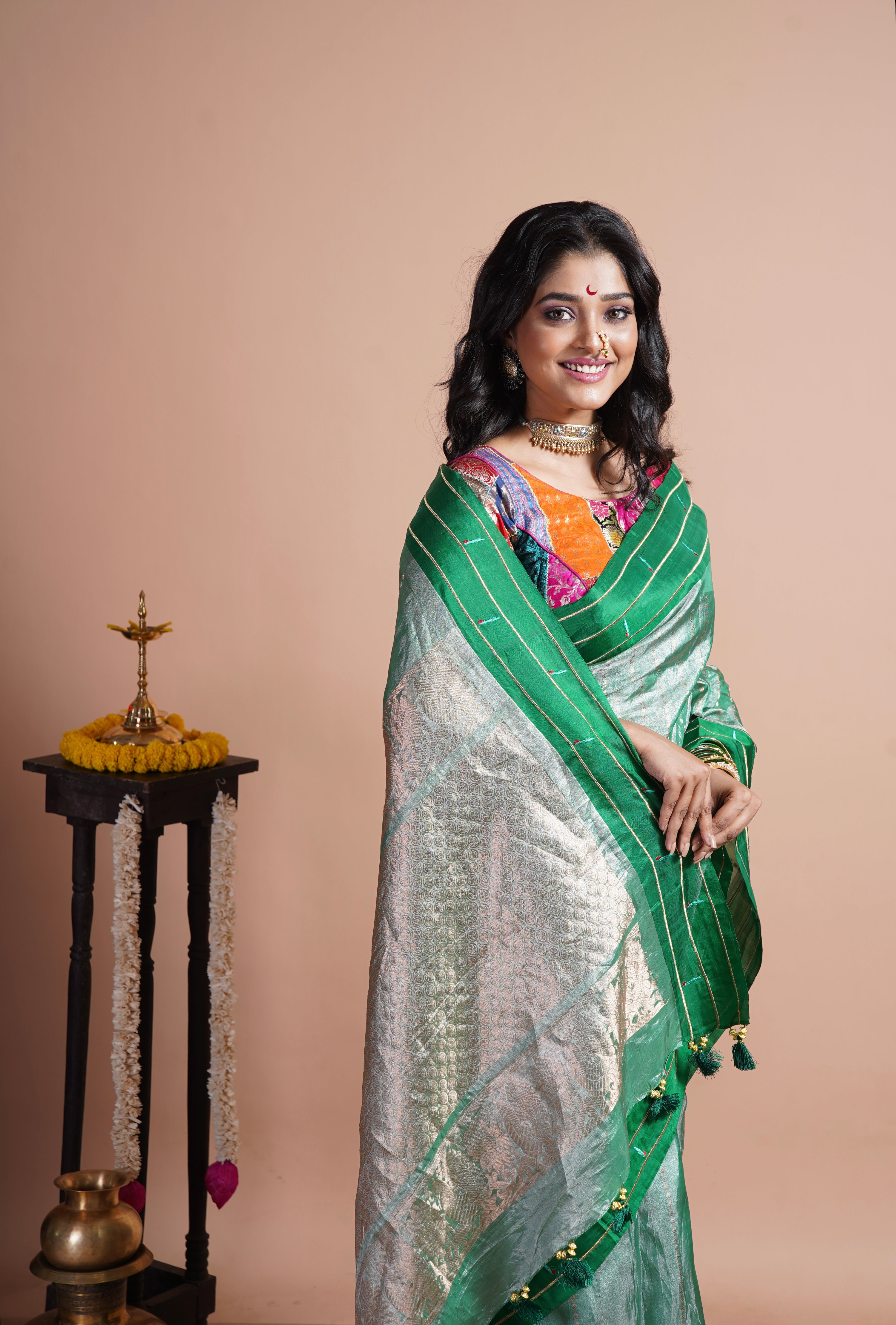 Pure Tissue Silk Paithani Double Munia - Green Woven