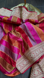 Pure Silk Rangkat Banarasi - Pink Red Multi shaded Kadwa