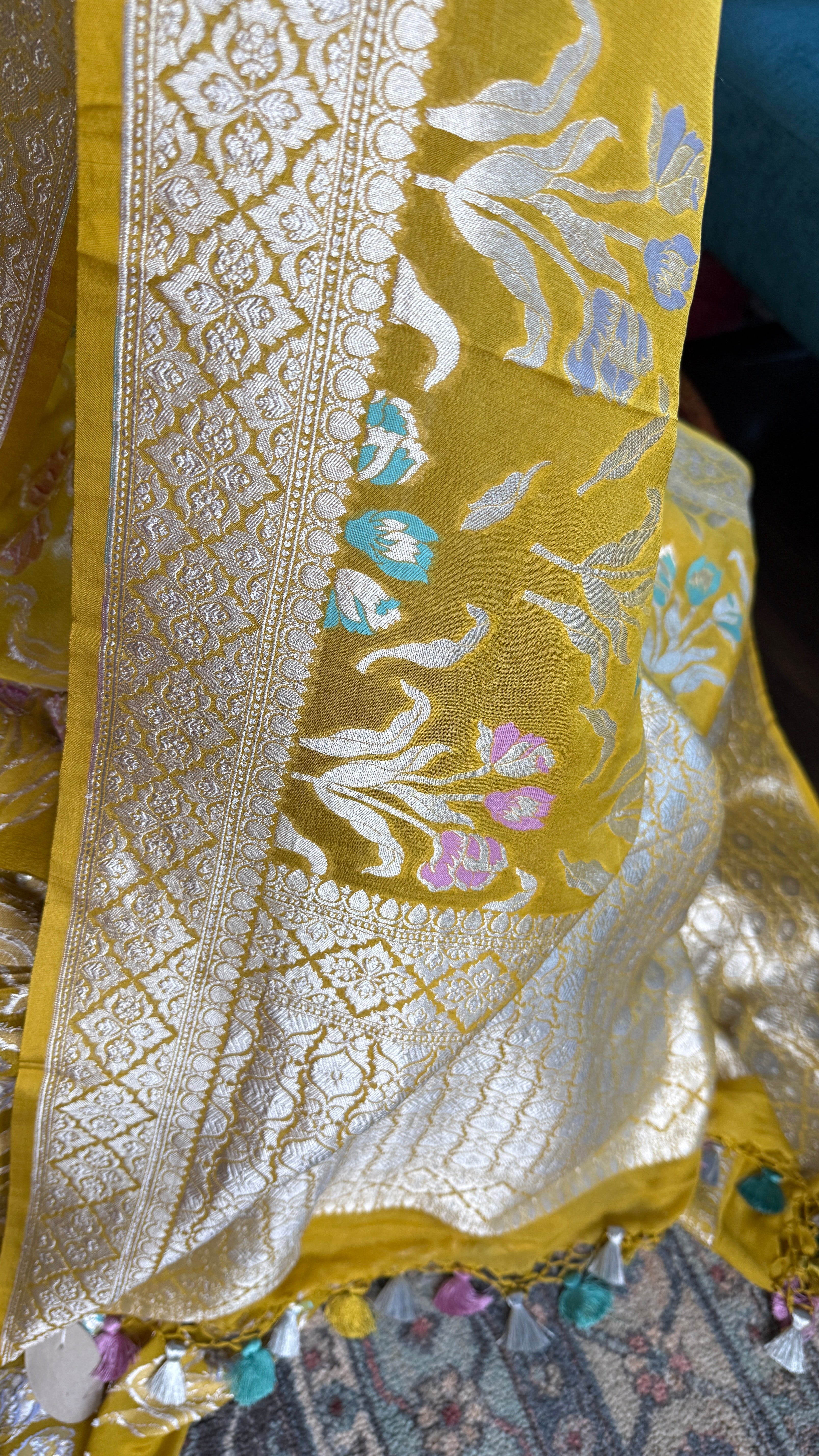 Khaddi Georgette Banarasi - Lime Yellow Meenakari