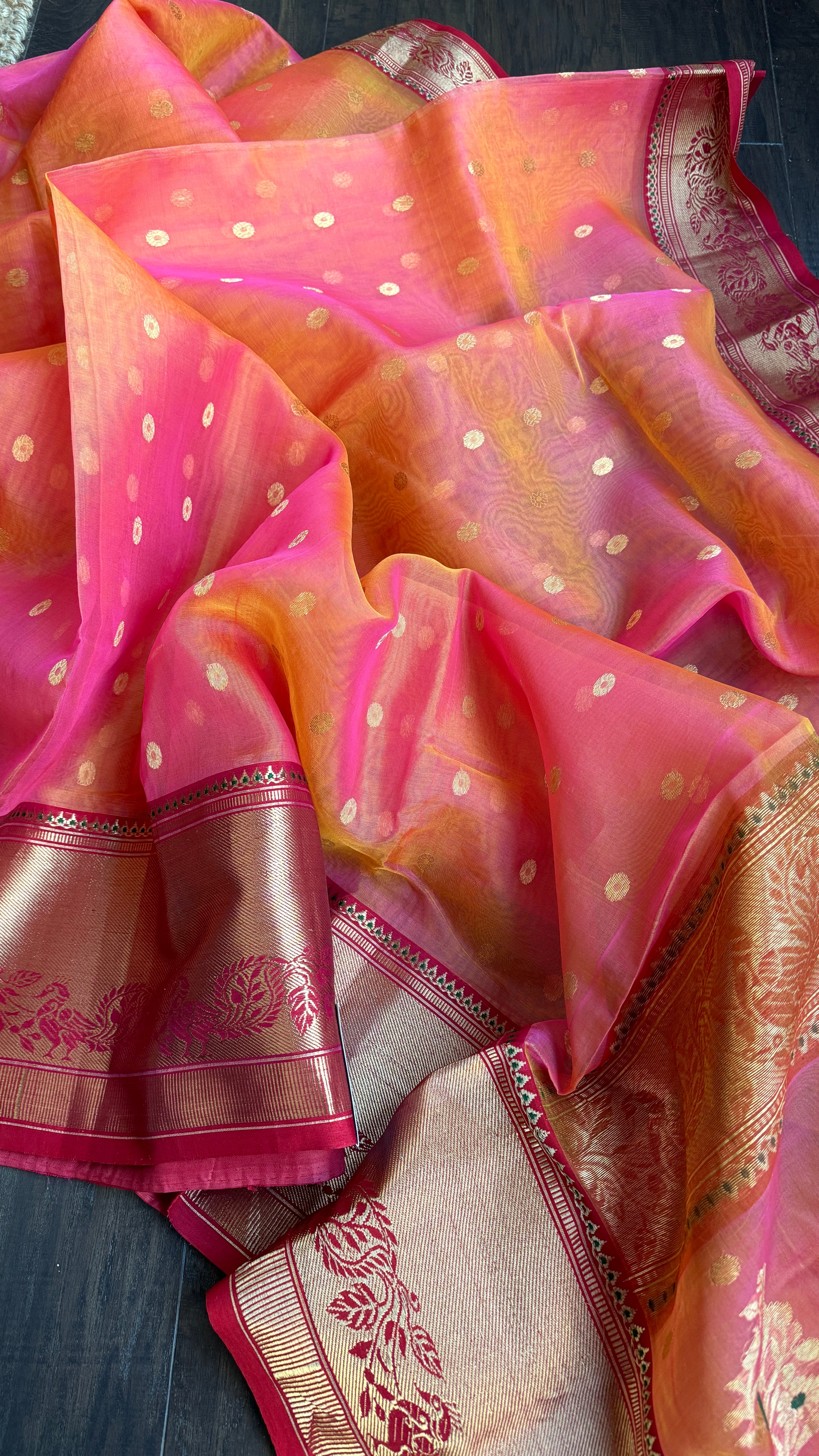 Chanderi Organza Silk - Pink Orange Dual shaded