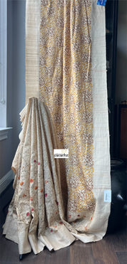 Pure Tussar Silk - Embroidered Printed Half Half