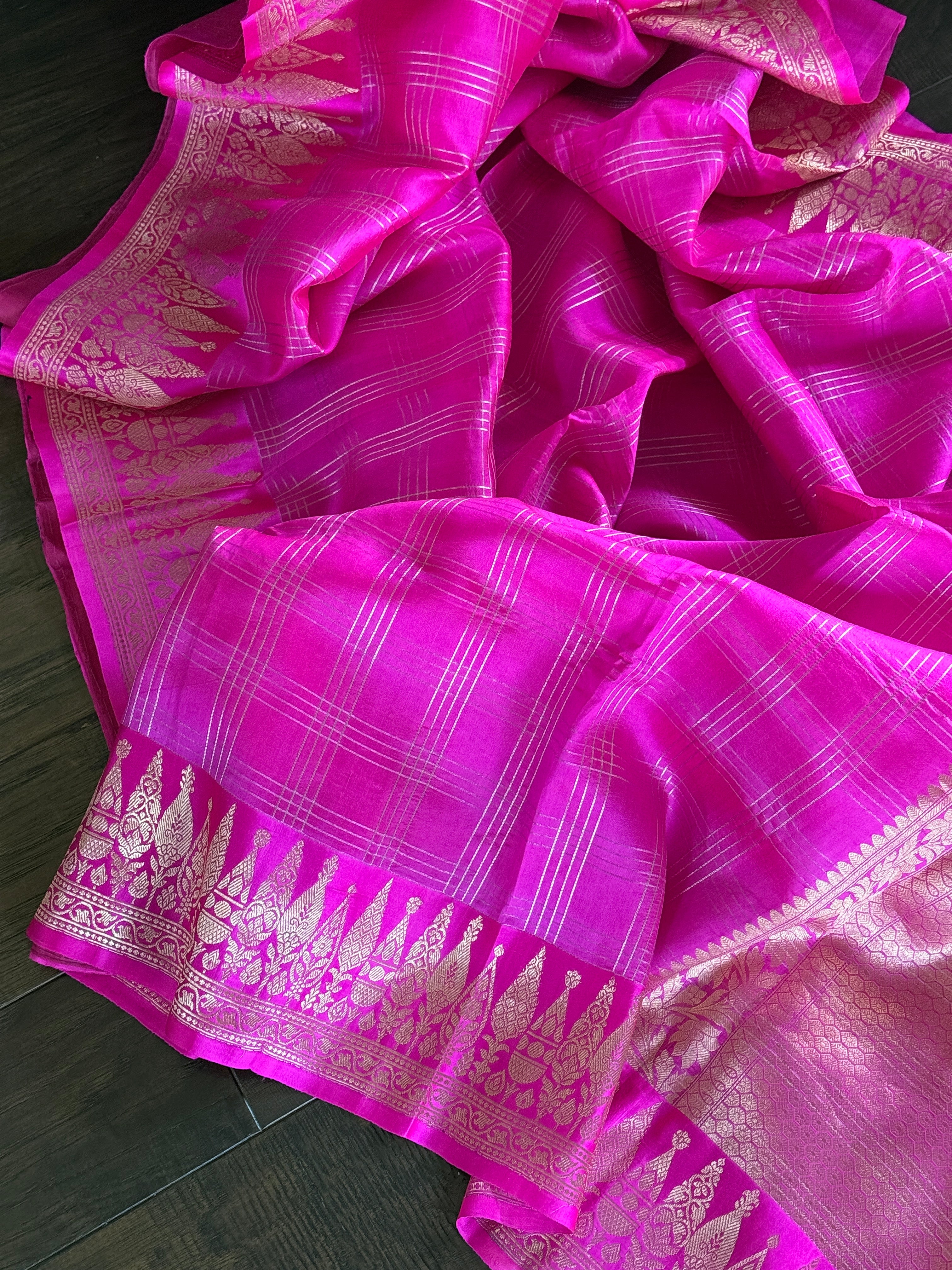 Pure Katan Silk Banarasi - Pink Checkered