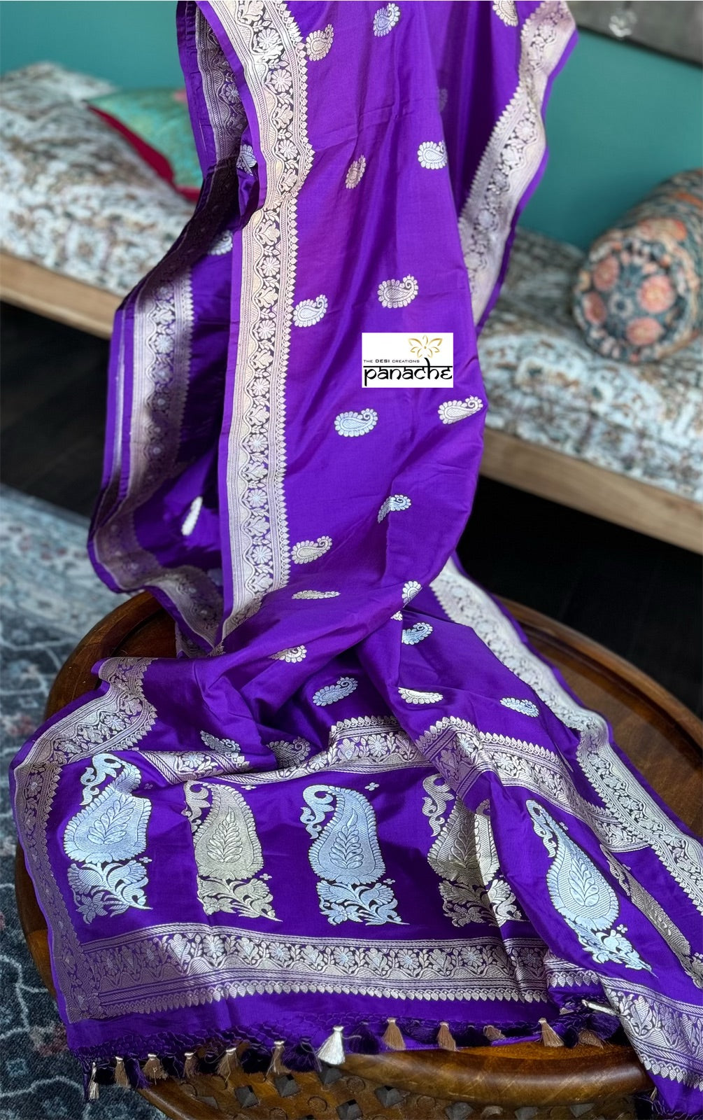 Pure Silk Katan Banarasi - Purple Paisley Kadwa