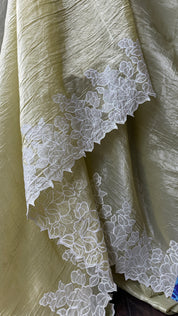 Designer Crushed Tissue Silk - Light Pista Appliqué Embroidered