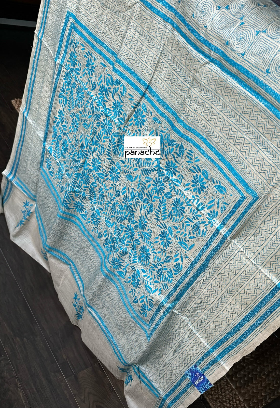 Pure Tussar Silk Kantha Stitch - Beige Firozi