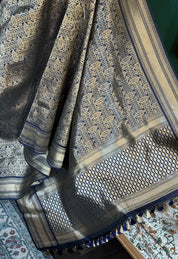 Pure Silk Katan Brocade Banarasi- Black Blue Golden Zari