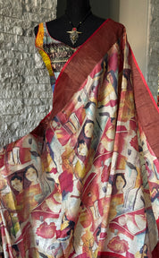 Pure Tussar Silk - Beige Red Printed