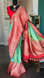 Pure Tassur Silk Banarasi - Sea Green Red
