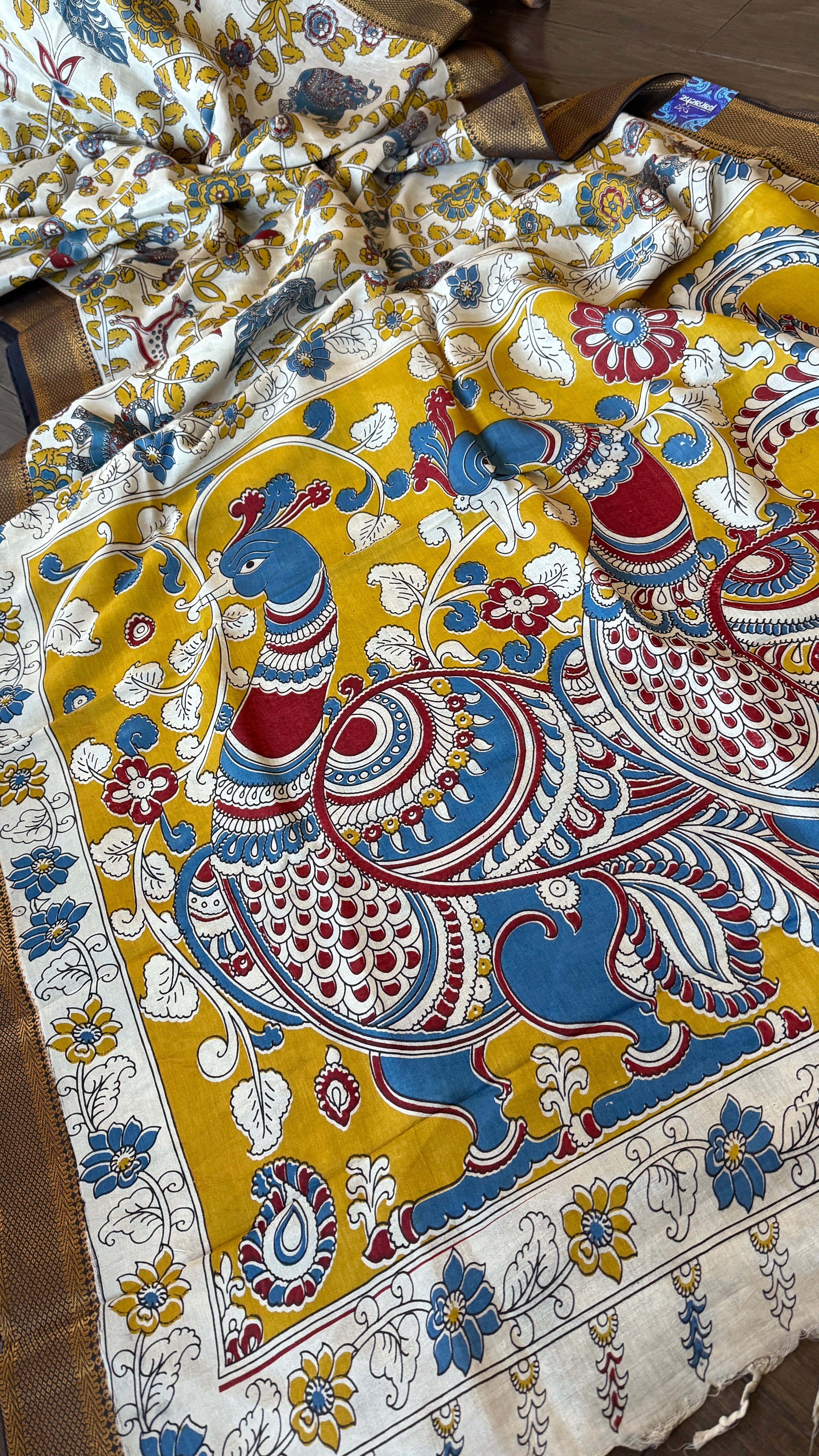 Chinori Silk Kalamkari  - Dusty White Yellow Kalamkari