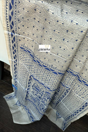 Pure Tussar Silk Kantha Stitch - Beige Blue