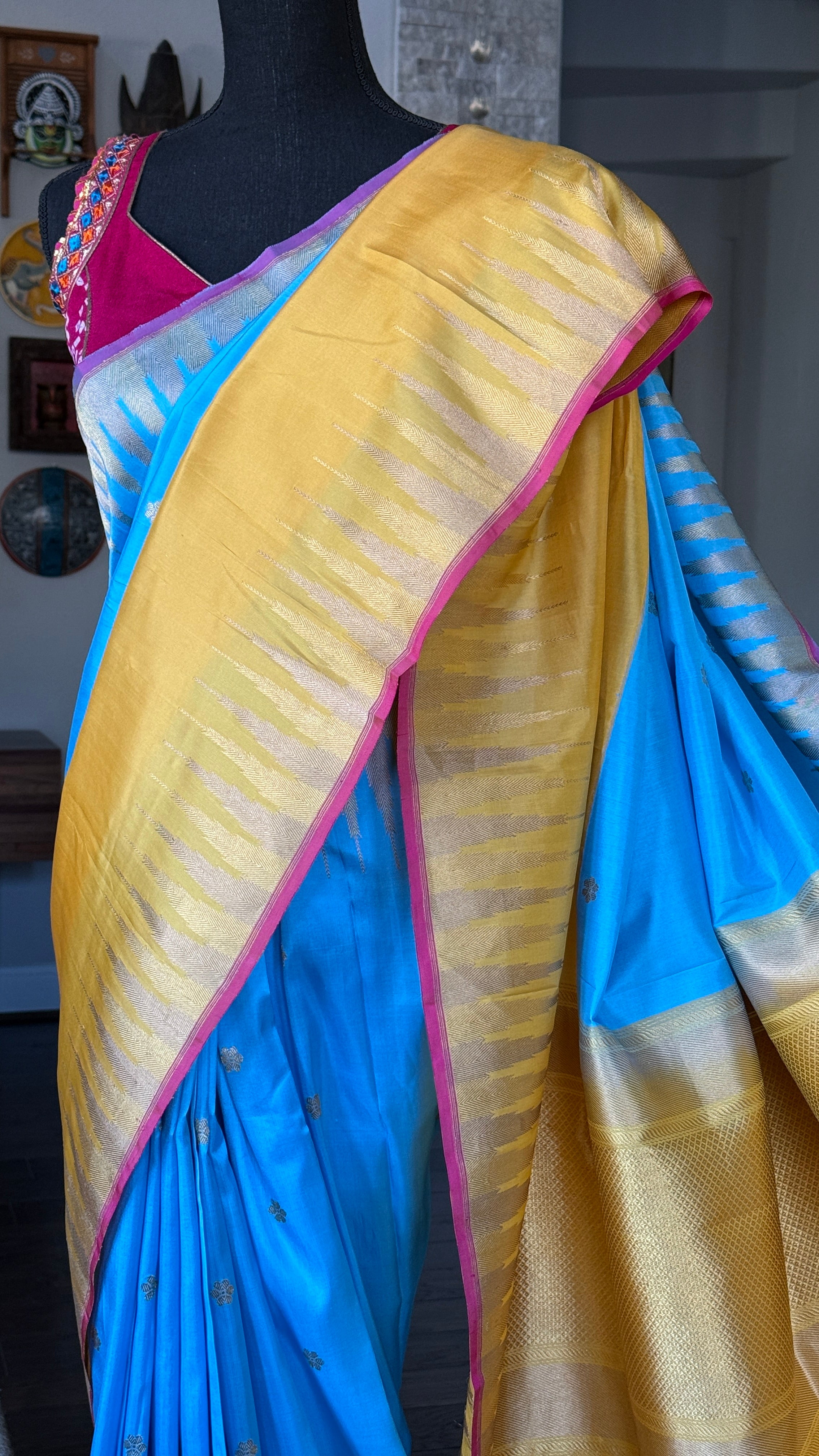 Pure Silk Katan Banarasi - Blue Yellow Kadwa