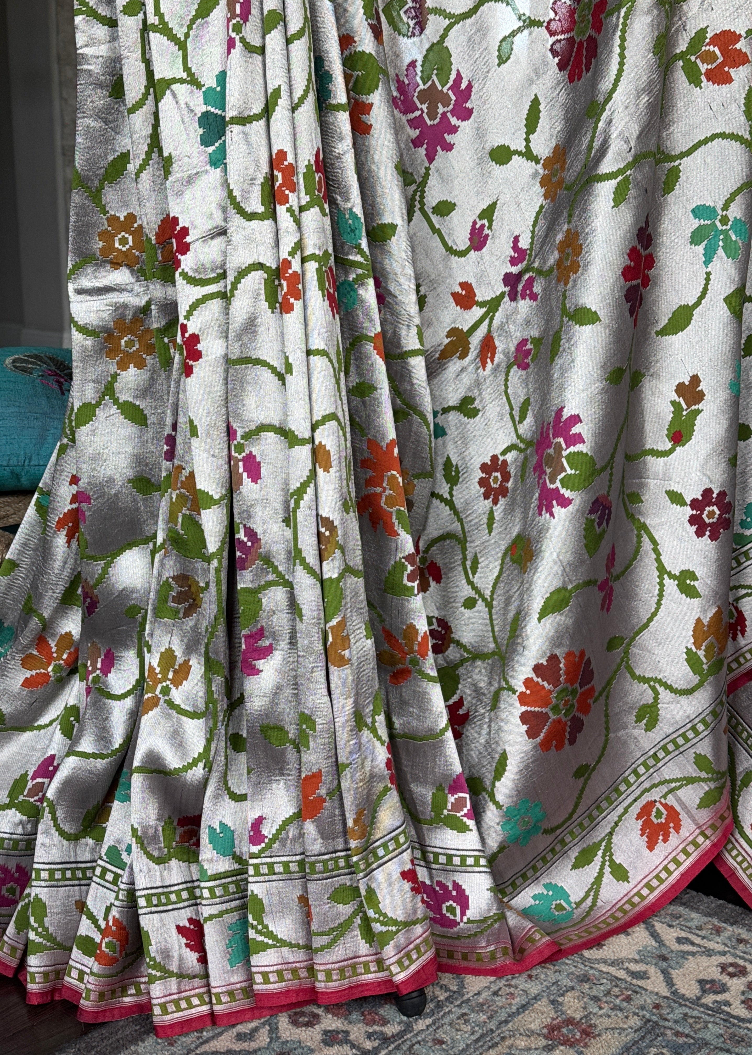 Khaddi Tussar Banarasi -  Silver Black Green Meenakari